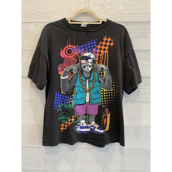 Mens Size Large Y2K Graphic Print Chimpanzee Rapper Streetwear 00's Tee Shirt - Picture 1 of 12